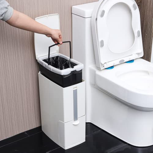 Cq acrylic Slim Plastic Trash Can with Press Top Lids for Bathroom,2.1 Gallon Garbage Can with Toilet Brush Holder,Waste Bin Between Wall & Toilet Dogproof Slim Rectangular Trash Bin for Toilet White