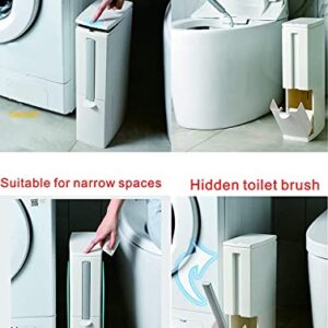 Cq acrylic Slim Plastic Trash Can with Press Top Lids for Bathroom,2.1 Gallon Garbage Can with Toilet Brush Holder,Waste Bin Between Wall & Toilet Dogproof Slim Rectangular Trash Bin for Toilet White