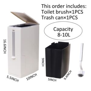 Cq acrylic Slim Plastic Trash Can with Press Top Lids for Bathroom,2.1 Gallon Garbage Can with Toilet Brush Holder,Waste Bin Between Wall & Toilet Dogproof Slim Rectangular Trash Bin for Toilet White