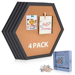 aktop cork bulletin board hexagon 4 pack, small framed corkboard tiles for wall, thick decorative display boards for home office decor, school message board with 16 push pin wood clips, black