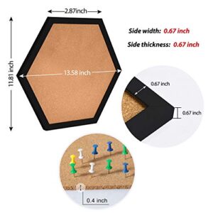 AkTop Cork Bulletin Board Hexagon 4 Pack, Small Framed Corkboard Tiles for Wall, Thick Decorative Display Boards for Home Office Decor, School Message Board with 16 Push Pin Wood Clips, Black