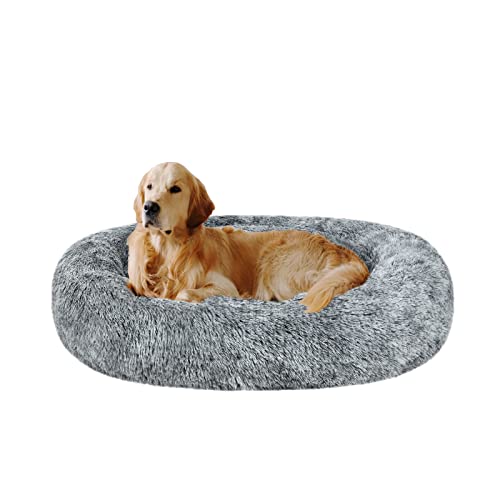 Coohom Oval Calming Donut Cuddler Dog Bed,Shag Faux Fur Cat Bed Washable Round Pillow Pet Bed(30"/36"/43") for Small Medium Dogs (XL(36"x27"x7"), Grey)