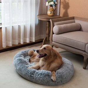 Coohom Oval Calming Donut Cuddler Dog Bed,Shag Faux Fur Cat Bed Washable Round Pillow Pet Bed(30"/36"/43") for Small Medium Dogs (XL(36"x27"x7"), Grey)