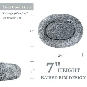 Coohom Oval Calming Donut Cuddler Dog Bed,Shag Faux Fur Cat Bed Washable Round Pillow Pet Bed(30"/36"/43") for Small Medium Dogs (XL(36"x27"x7"), Grey)