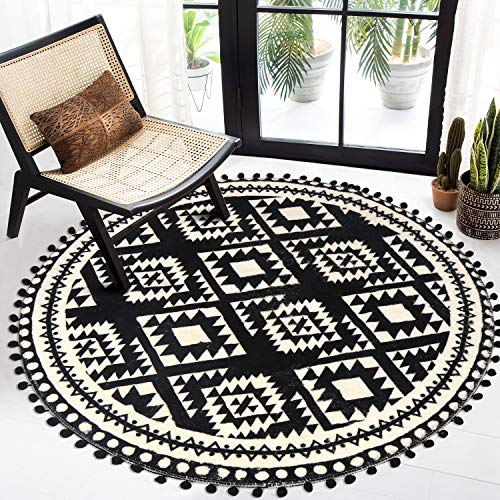 HAOCOO Round Area Rugs with Pom Pom Ball Fringe Boho Geometric Throw Rugs Non-Slip Soft Velvet Black and Beige Floor Carpet for Bedroom Living Room Nursery Decor(4ft)