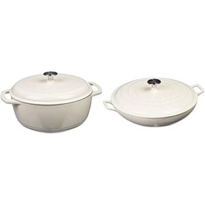 amazon basics enameled cast iron covered dutch oven, 6-quart, white & enameled cast iron covered casserole skillet, 3.3-quart, white