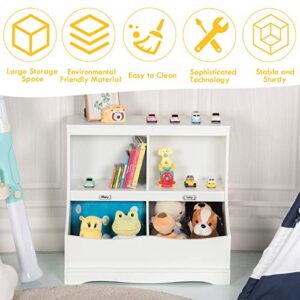 Costzon 4-Cubby Kids Bookcase with Footboard, Name Card, Multi-Bin Children's Toys Storage and Organizer Book Shelf Display, Wooden Toy Box Chest Cabinet for Kids Room Playroom Bedroom Nursery (White)