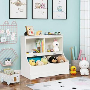 Costzon 4-Cubby Kids Bookcase with Footboard, Name Card, Multi-Bin Children's Toys Storage and Organizer Book Shelf Display, Wooden Toy Box Chest Cabinet for Kids Room Playroom Bedroom Nursery (White)