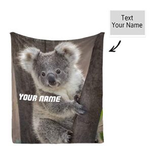 CUXWEOT Custom Blanket with Your Name Text,Personalized Koala Bear Super Soft Fleece Throw Blanket for Couch Sofa Bed (50 X 60 inches)