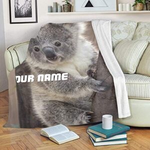 CUXWEOT Custom Blanket with Your Name Text,Personalized Koala Bear Super Soft Fleece Throw Blanket for Couch Sofa Bed (50 X 60 inches)