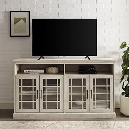 Walker Edison Classic Glass Door Universal TV Stand for TV's up to 64" Flat Screen Living Room Storage Cabinet Doors and Shelves Entertainment Center, 58 Inch, White Oak