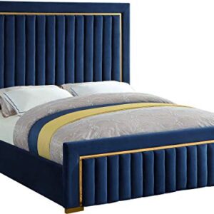 Meridian Furniture Dolce Collection Modern | Contemporary Velvet Upholstered Bed with Luxurious Channel Tufting and Gold Metal Trim/Legs, Queen, Navy