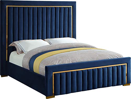 Meridian Furniture Dolce Collection Modern | Contemporary Velvet Upholstered Bed with Luxurious Channel Tufting and Gold Metal Trim/Legs, Queen, Navy