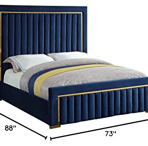 Meridian Furniture Dolce Collection Modern | Contemporary Velvet Upholstered Bed with Luxurious Channel Tufting and Gold Metal Trim/Legs, Queen, Navy