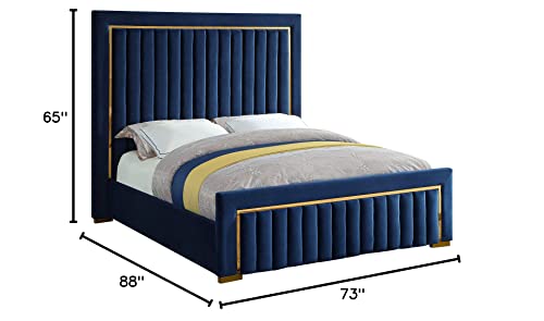 Meridian Furniture Dolce Collection Modern | Contemporary Velvet Upholstered Bed with Luxurious Channel Tufting and Gold Metal Trim/Legs, Queen, Navy