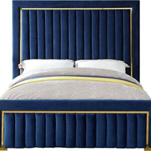 Meridian Furniture Dolce Collection Modern | Contemporary Velvet Upholstered Bed with Luxurious Channel Tufting and Gold Metal Trim/Legs, Queen, Navy