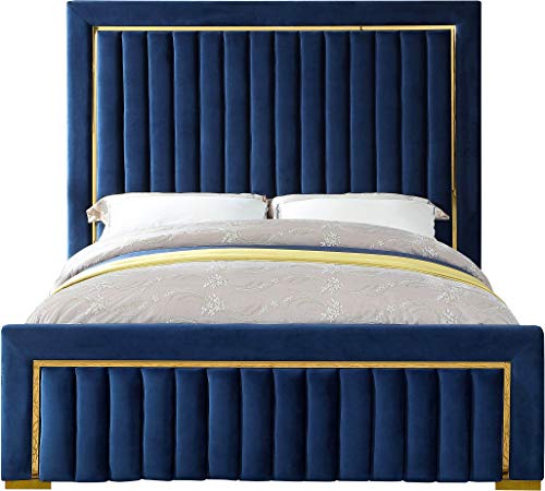 Meridian Furniture Dolce Collection Modern | Contemporary Velvet Upholstered Bed with Luxurious Channel Tufting and Gold Metal Trim/Legs, Queen, Navy