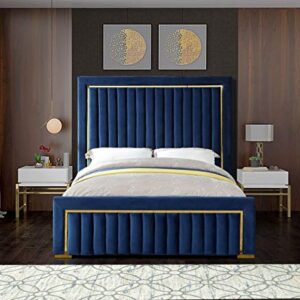 Meridian Furniture Dolce Collection Modern | Contemporary Velvet Upholstered Bed with Luxurious Channel Tufting and Gold Metal Trim/Legs, Queen, Navy