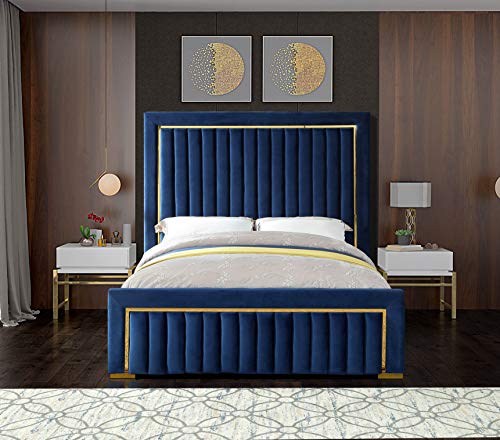 Meridian Furniture Dolce Collection Modern | Contemporary Velvet Upholstered Bed with Luxurious Channel Tufting and Gold Metal Trim/Legs, Queen, Navy