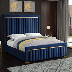 Meridian Furniture Dolce Collection Modern | Contemporary Velvet Upholstered Bed with Luxurious Channel Tufting and Gold Metal Trim/Legs, Queen, Navy