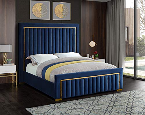 Meridian Furniture Dolce Collection Modern | Contemporary Velvet Upholstered Bed with Luxurious Channel Tufting and Gold Metal Trim/Legs, Queen, Navy