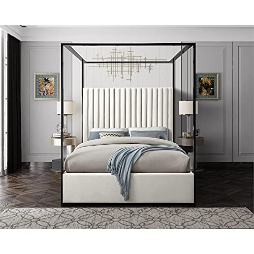 Meridian Furniture JaxCream-Q Jax Collection Modern | Contemporary Velvet Upholstered Queen Bed, Cream Velvet, Deep Channel Tufting, Matte Black Steel Canopy, 66.5" W x 86.5" D x 78.5" H, Cream, Queen