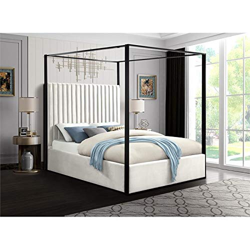 Meridian Furniture JaxCream-Q Jax Collection Modern | Contemporary Velvet Upholstered Queen Bed, Cream Velvet, Deep Channel Tufting, Matte Black Steel Canopy, 66.5" W x 86.5" D x 78.5" H, Cream, Queen