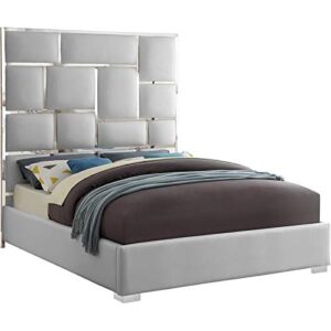 meridian furniture milan collection modern | contemporary faux leather upholstered bed with custom chrome metal legs and geometric designed headboard, king, white