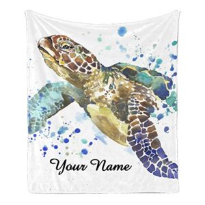 cuxweot custom blanket with name text,personalized sea turtle watercolor splashsuper soft fleece throw blanket for couch sofa bed (50 x 60 inches)