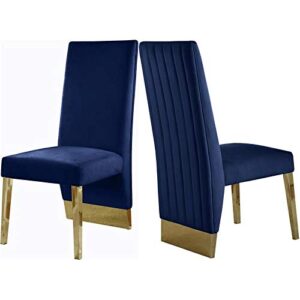 meridian furniture porsha collection modern | contemporary dining chair with deep channel tufted back and sturdy metal legs, set of 2, 19.5" w x 27" d x 42" h, navy velvet upholstered