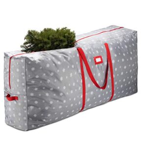 premium christmas tree storage bag, fits up to 9ft tall artificial disassembled trees, holiday xmas bag made of tear proof 600d oxford, with seasonable snowy-lane design, durable handles & dual zipper
