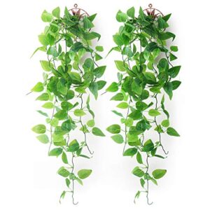mocoosy 2 pack artificial hanging plants with baskets, 3.28ft fake hanging ivy vine leaves faux draping plants greenery for wall home room office indoor outdoor decorations