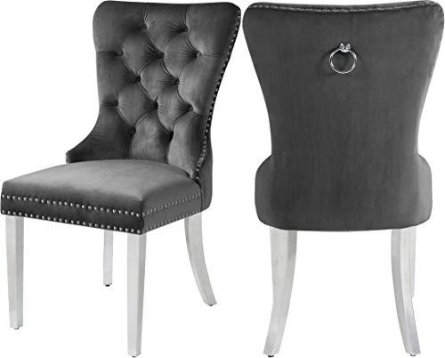 Meridian Furniture Carmen Collection Modern | Contemporary Velvet Upholstered Dining Chair with Button Tufting and Chrome Metal Legs, Set of 2, Grey, 21.5" W x 27" D x 39.5" H