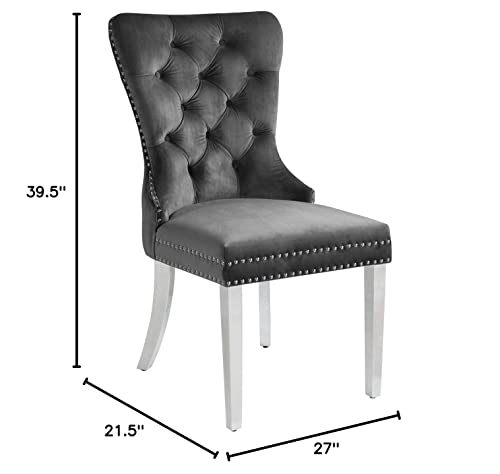 Meridian Furniture Carmen Collection Modern | Contemporary Velvet Upholstered Dining Chair with Button Tufting and Chrome Metal Legs, Set of 2, Grey, 21.5" W x 27" D x 39.5" H