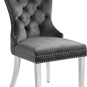 Meridian Furniture Carmen Collection Modern | Contemporary Velvet Upholstered Dining Chair with Button Tufting and Chrome Metal Legs, Set of 2, Grey, 21.5" W x 27" D x 39.5" H