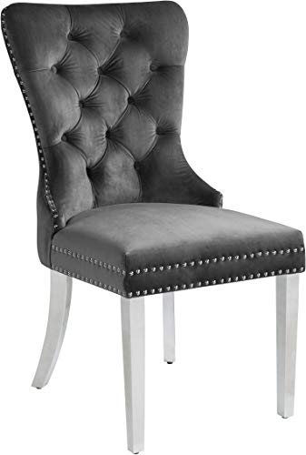 Meridian Furniture Carmen Collection Modern | Contemporary Velvet Upholstered Dining Chair with Button Tufting and Chrome Metal Legs, Set of 2, Grey, 21.5" W x 27" D x 39.5" H