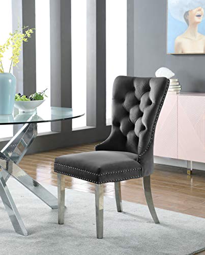 Meridian Furniture Carmen Collection Modern | Contemporary Velvet Upholstered Dining Chair with Button Tufting and Chrome Metal Legs, Set of 2, Grey, 21.5" W x 27" D x 39.5" H