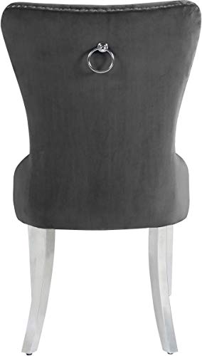 Meridian Furniture Carmen Collection Modern | Contemporary Velvet Upholstered Dining Chair with Button Tufting and Chrome Metal Legs, Set of 2, Grey, 21.5" W x 27" D x 39.5" H