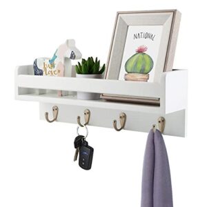 halcent wall mounted coat rack floating wall shelf, wood coat hook rack entryway organizer with 4 key holder hooks for magazine letter mail holder