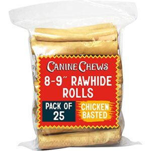canine chews 8-9" chicken basted rawhide retriever rolls - pack of 25 chicken-flavored long-lasting dog rawhide chews - protein-dense jumbo rawhide bones for large dogs - treats for aggressive chewers