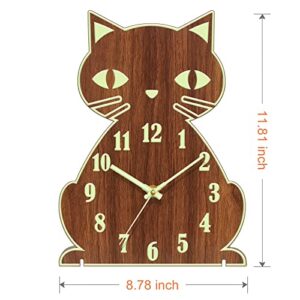Night Light Wall Clock - Cat Wall Clocks Glow in Dark, Silent Non-Ticking Wood Clocks Battery Operated, Rustic Farmhouse Modern Clock Decorative for Kitchen Living Room Bedroom (12 Inch)