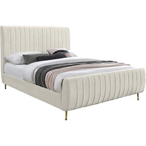 meridian furniture zara collection modern | contemporary velvet upholstered bed with deep channel tufting and custom gold legs, queen, cream