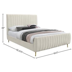 Meridian Furniture Zara Collection Modern | Contemporary Velvet Upholstered Bed with Deep Channel Tufting and Custom Gold Legs, Queen, Cream