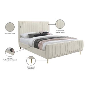 Meridian Furniture Zara Collection Modern | Contemporary Velvet Upholstered Bed with Deep Channel Tufting and Custom Gold Legs, Queen, Cream