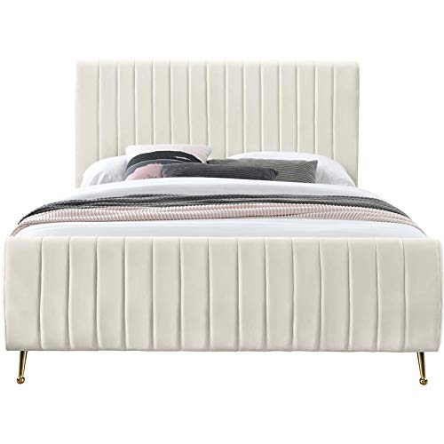 Meridian Furniture Zara Collection Modern | Contemporary Velvet Upholstered Bed with Deep Channel Tufting and Custom Gold Legs, Queen, Cream