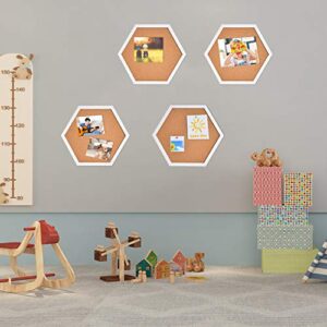 AkTop Cork Bulletin Board Hexagon 4 Pack, Small Framed Corkboard Tiles for Wall, Thick Decorative Display Boards for Home Office Decor, School Message Board with 16 Push Pin Wood Clips, White