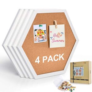 aktop cork bulletin board hexagon 4 pack, small framed corkboard tiles for wall, thick decorative display boards for home office decor, school message board with 16 push pin wood clips, white