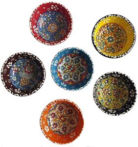 tubibu decorative desing turkish ceramic bowl set of 6 - handcrafted pinch multicolor finger small serving bowls (deco, 3.15")
