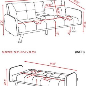 JULYFOX 75 inch Wider Futon Sofa Bed, Fabric Sofa Sleeper Bed with Holder Armrest 600lb Heavy Duty for Small Spaces(Light Gray)