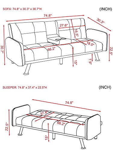 JULYFOX 75 inch Wider Futon Sofa Bed, Fabric Sofa Sleeper Bed with Holder Armrest 600lb Heavy Duty for Small Spaces(Light Gray)